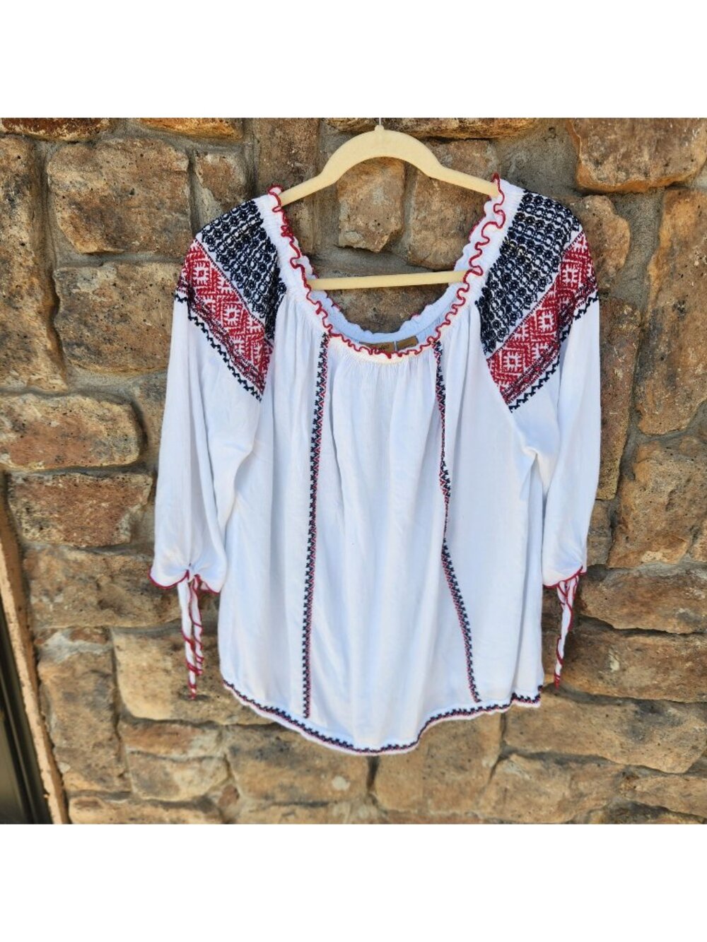 Wrangler Embroidered Peasant Blouse Geometric Embroidery Ladies Size XL